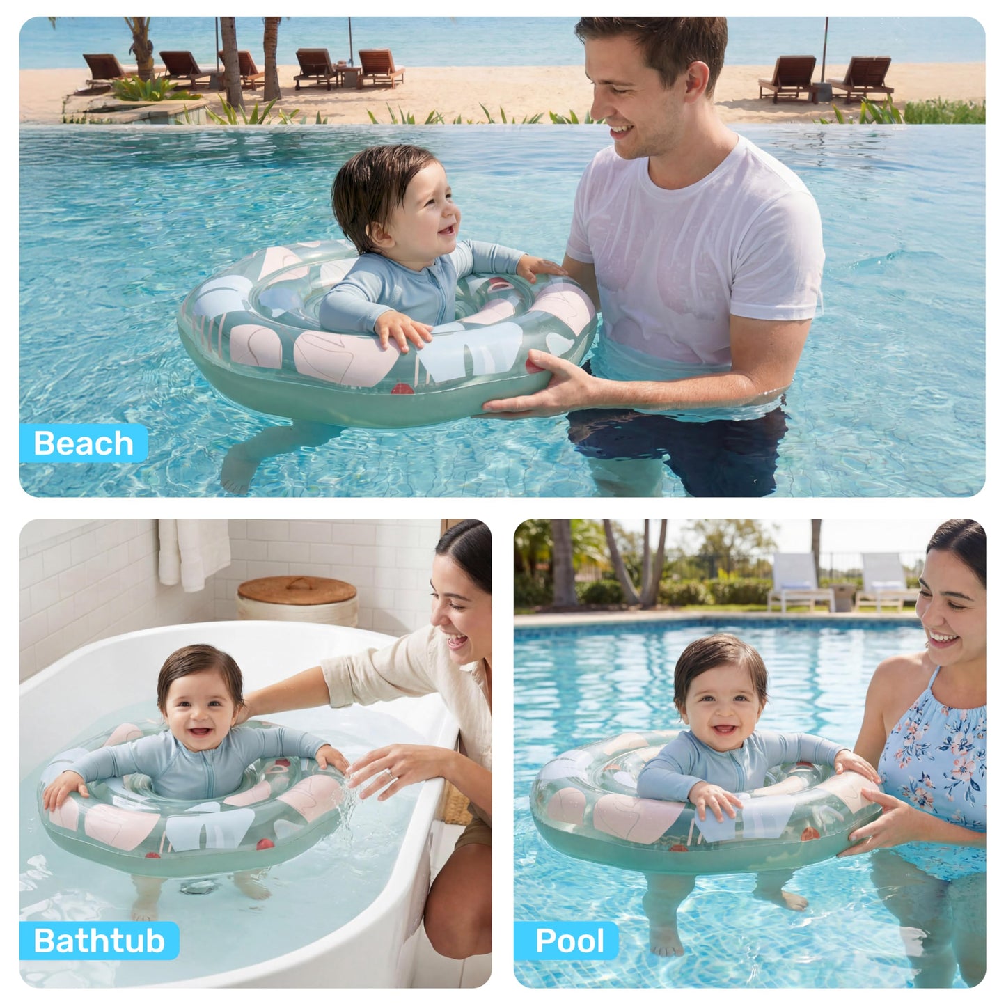 Sloosh Baby Pool Float with Double Air Chambers, Inflatable Baby Swimming Float with Safety Seat, Tropical Leaves Design Toddler Infant Swim Float Ring Swimming Pool Accessories for Age 6-36 Months