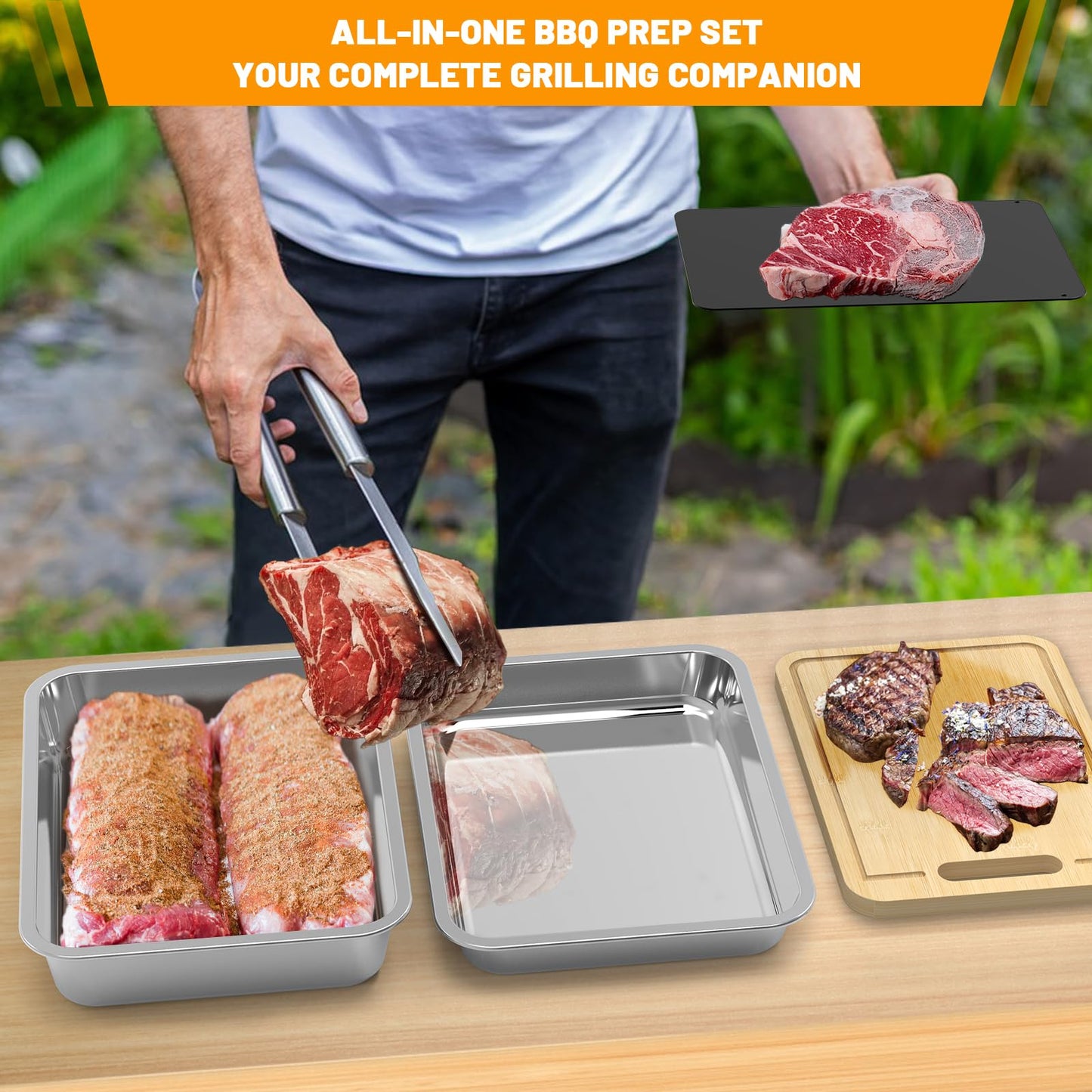 Sirozi 5pcs Grill Prep Trays Sets, Stainless Steel Grilling Prep and Serve Tray, Marinade Container with Lid, Thawing Board, Cutting Board, BBQ Grill Accessories, Grilling Gifts for Mens
