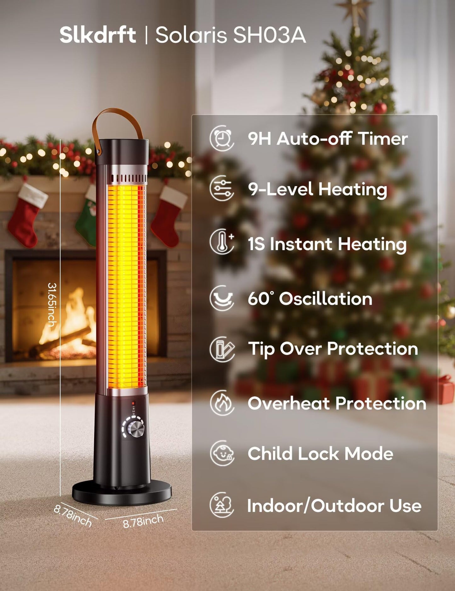 Outdoor Heater for Patio, 32" Infrared Electric Heaters Indoor w/Remote, 1500W, 60ยฐ Oscillation, 9H Timer, 9 Heat Level, Tip-Over/Overheating Protection, Safety Lock, for Garage Porch Office Inky