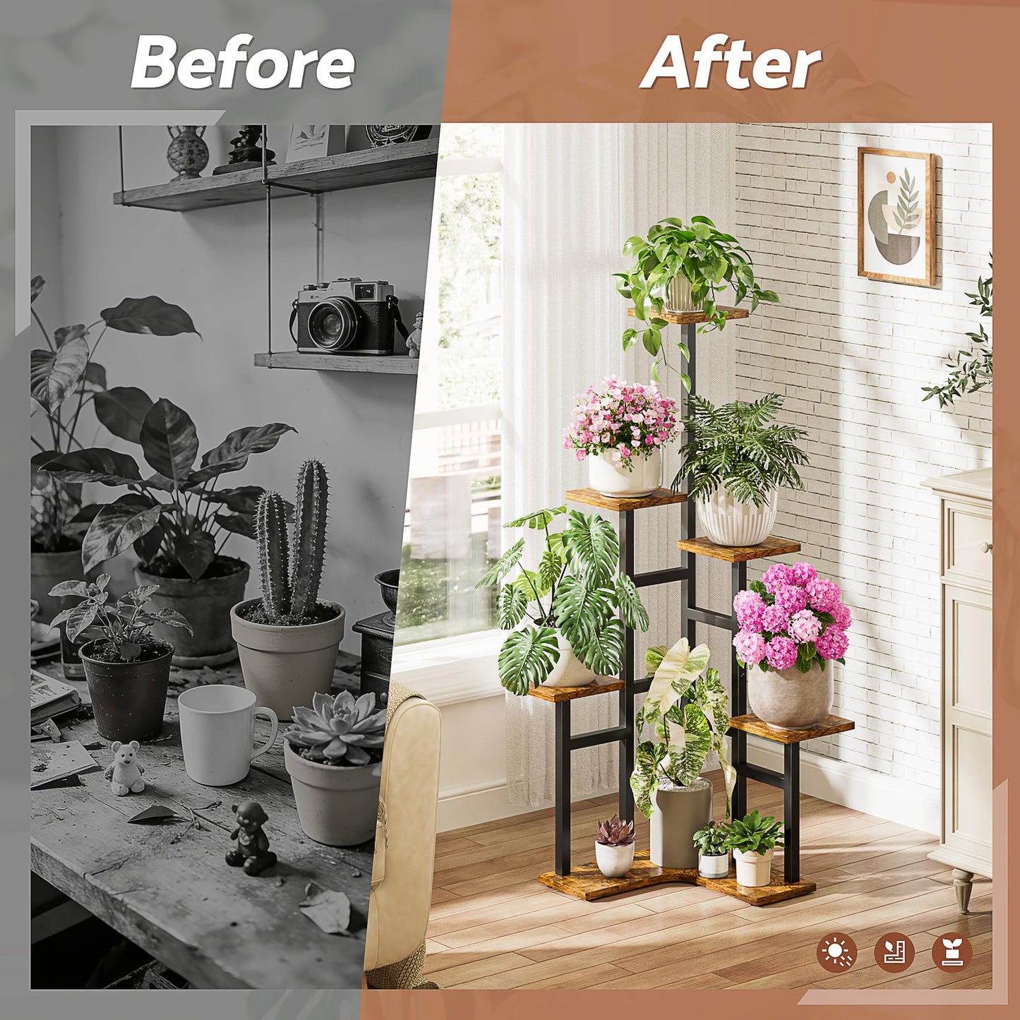 NQW 5 Tier Corner Plant Stand Indoor Wood, Metal Plant Shelf Outdoor, Tall Plant Stands Plant Tables Indoor Plant Rack Tiered Plant Stand Garden Accessories for Balcony Patio -BlackSquare