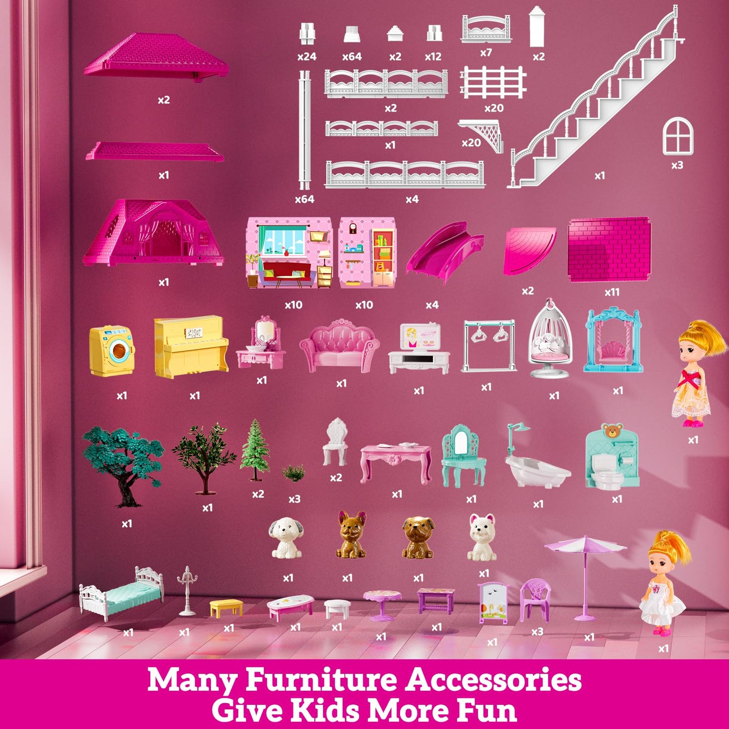 JUKUDAHU Villa Playset for Girls Ages 3-7, 4-Storey House with 10 Rooms, 2 Dolls, Furniture and Accessories, Indoor Playset Girls Toys for Ages 6-8, Pretend Toddler Toys, Birthday Gifts for Kids 4-8
