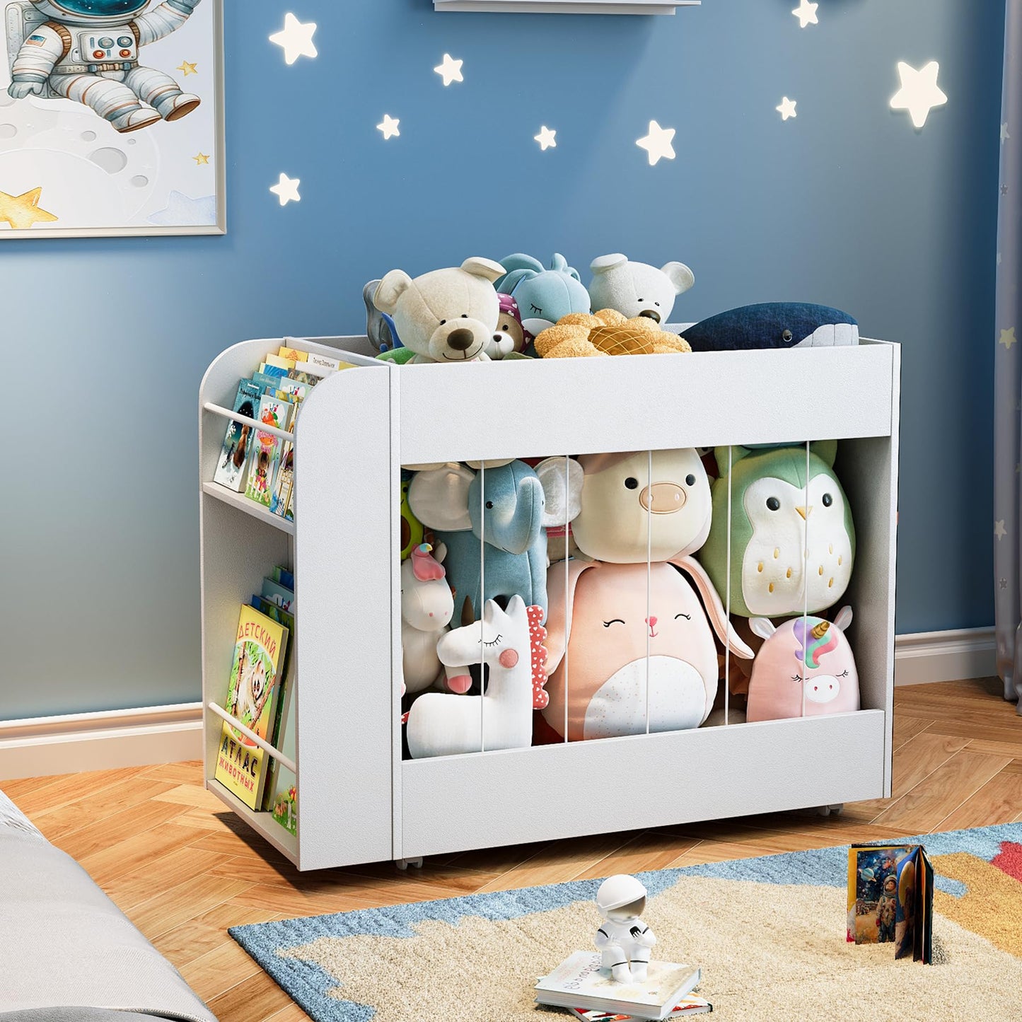 VortinT 3-in-1 Toy Storage Box with Bookshelf and Chalkboard, Large Stuffed Animal Toy Chest on Wheels, Kids Toy Storage Organizer Bin for Kids Room, Nursery & Playroom, for Kids, White