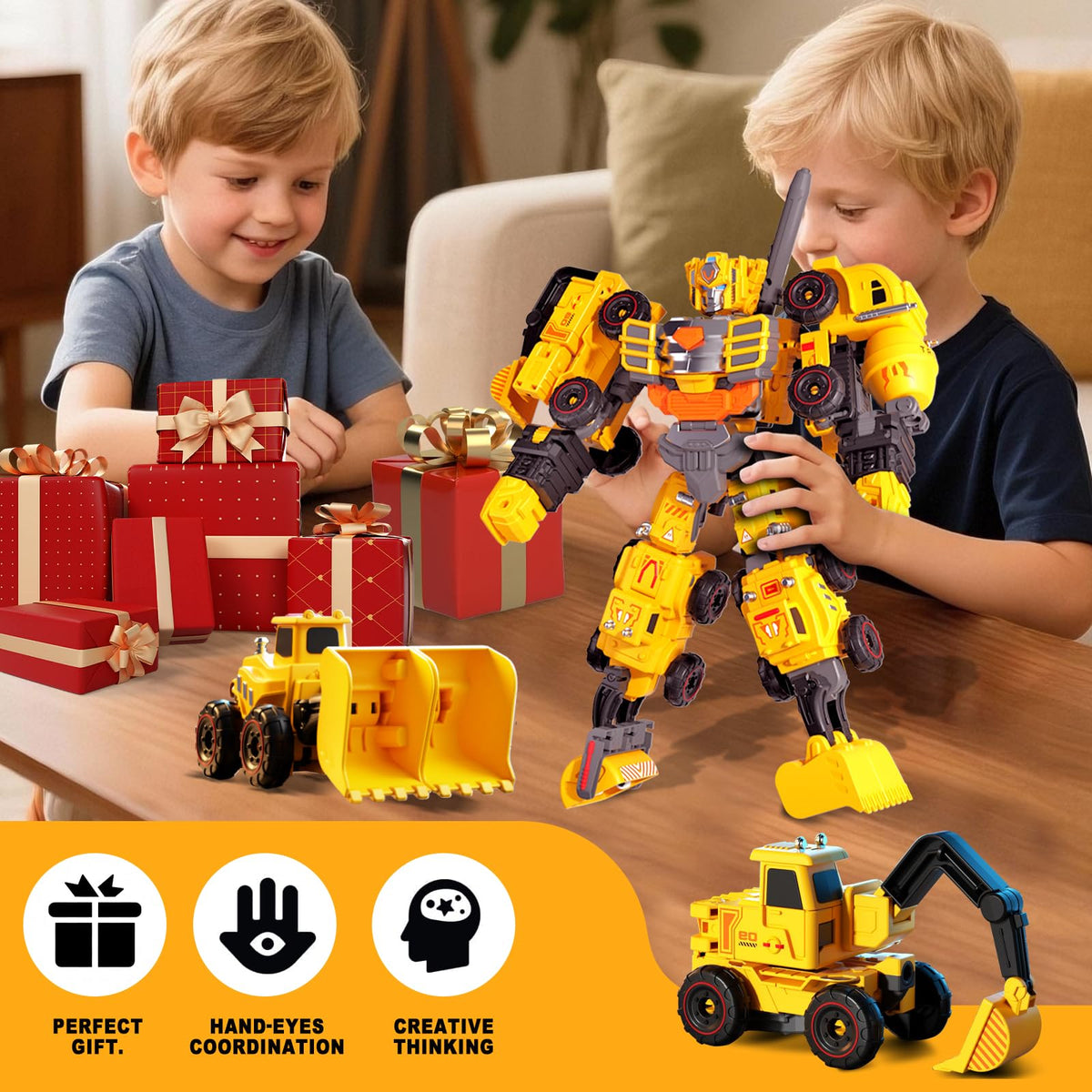 Bloomsmary 5-in-1 Transforming Construction Trucks Toys for Boys 3-6, STEM Building Vehicles Action Figures with Weapons for Child Age 4-7 – Toddler Robot Car Playset for Kids Birthday Gift