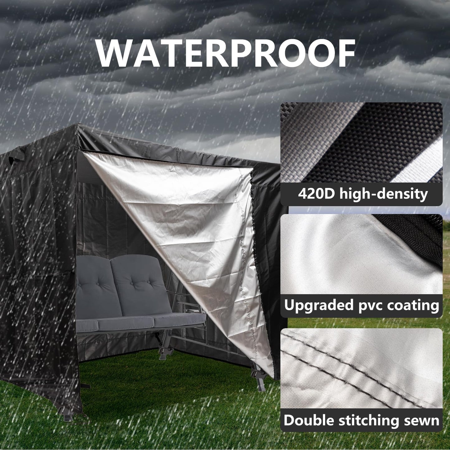 WEIMELL Waterproof Outdoor Swing Cover 3 Triple Seater Garden Patio Proch Swing Cover All Weather Protection 3 Seat Swing Canopy Covers Black (86L x 48D x 67H inches)
