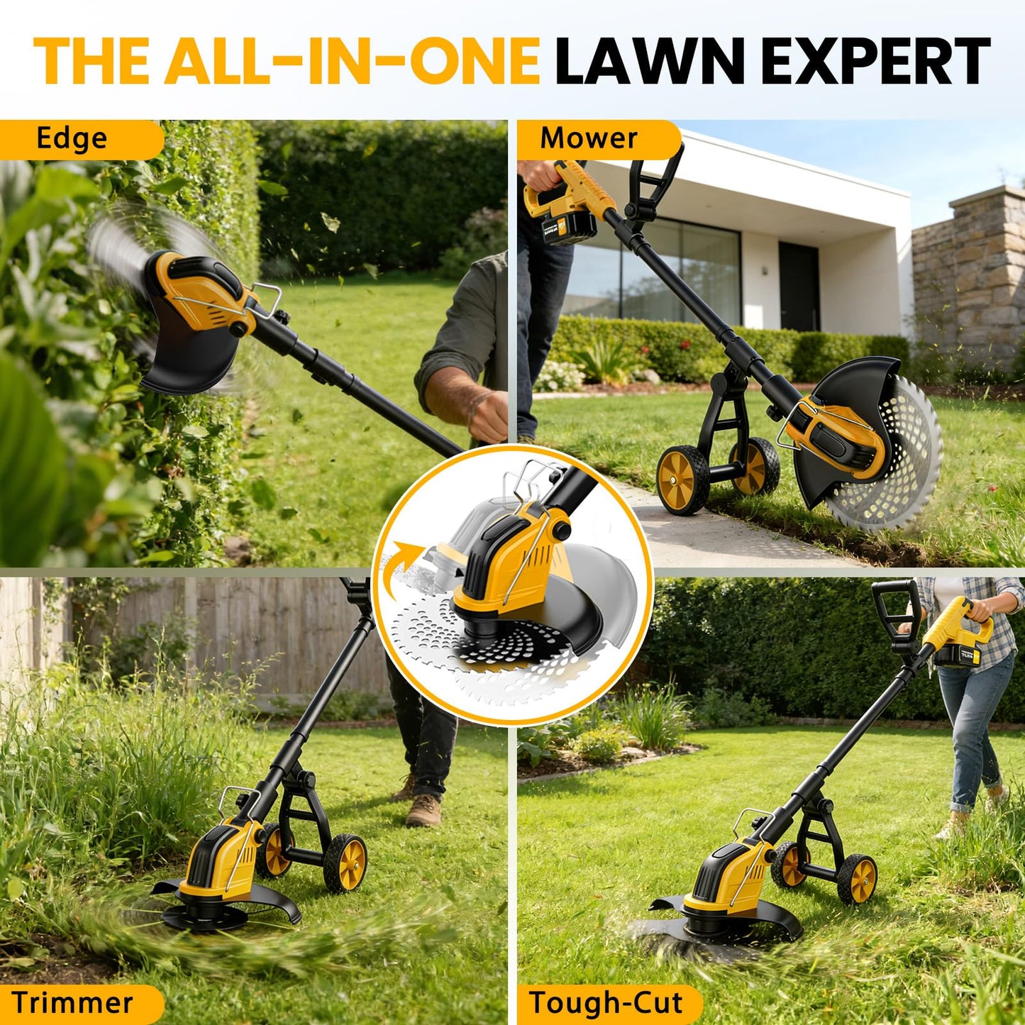 21V 800W Brushless Cordless Weed Wacker, 12 Inch Electric Weed Eater with Wheels, 2Γ3000mAh Batteries Included & 4 Cutting Blades for Lawn Garden Yard Maintenance