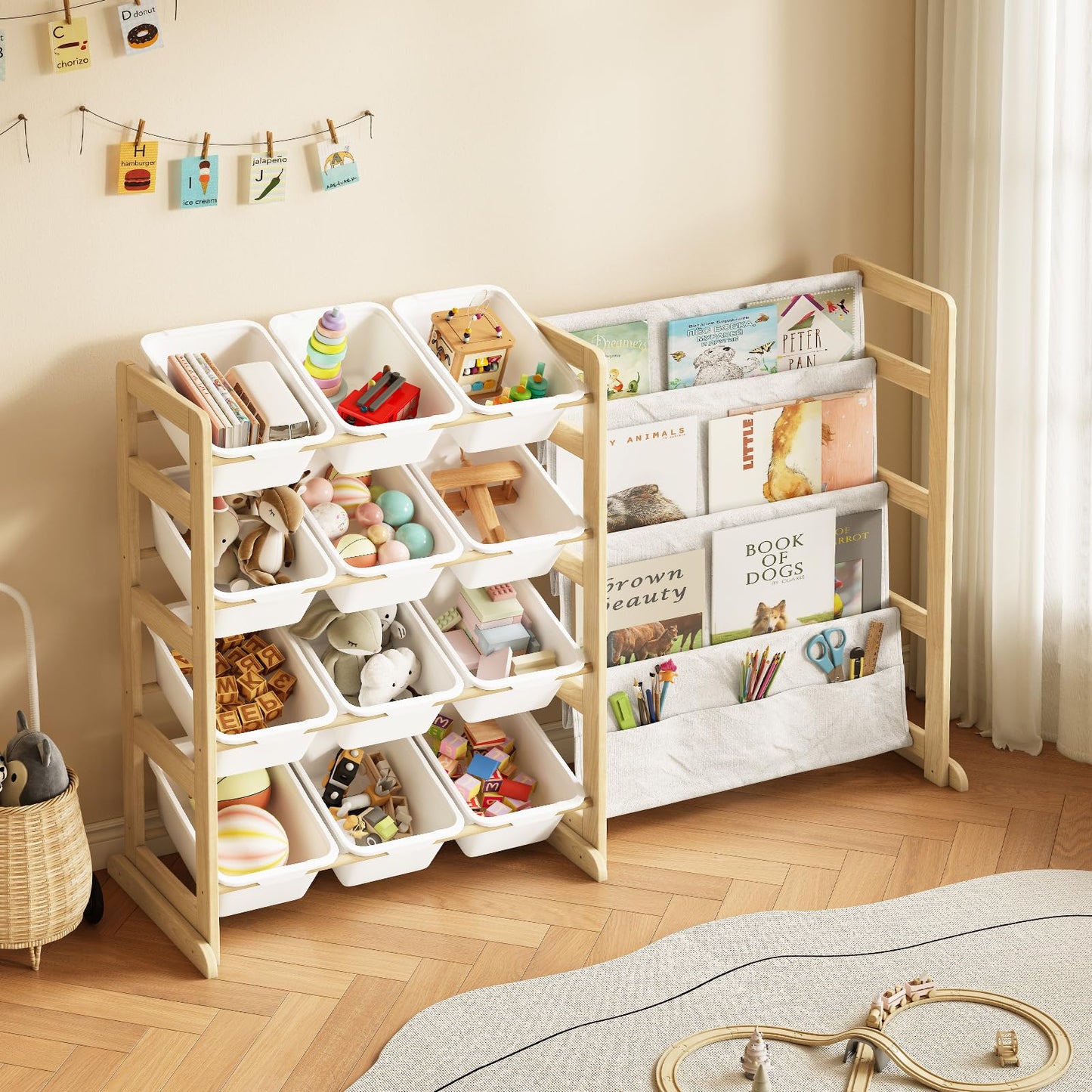 EXPERLAM Toy Storage Organizer with Bookshelf - 12 Storage Bins 4-Tier Multipurpose Shelf to Organize Toys and Books for Kids Room, Playroom, Nursery Room, White