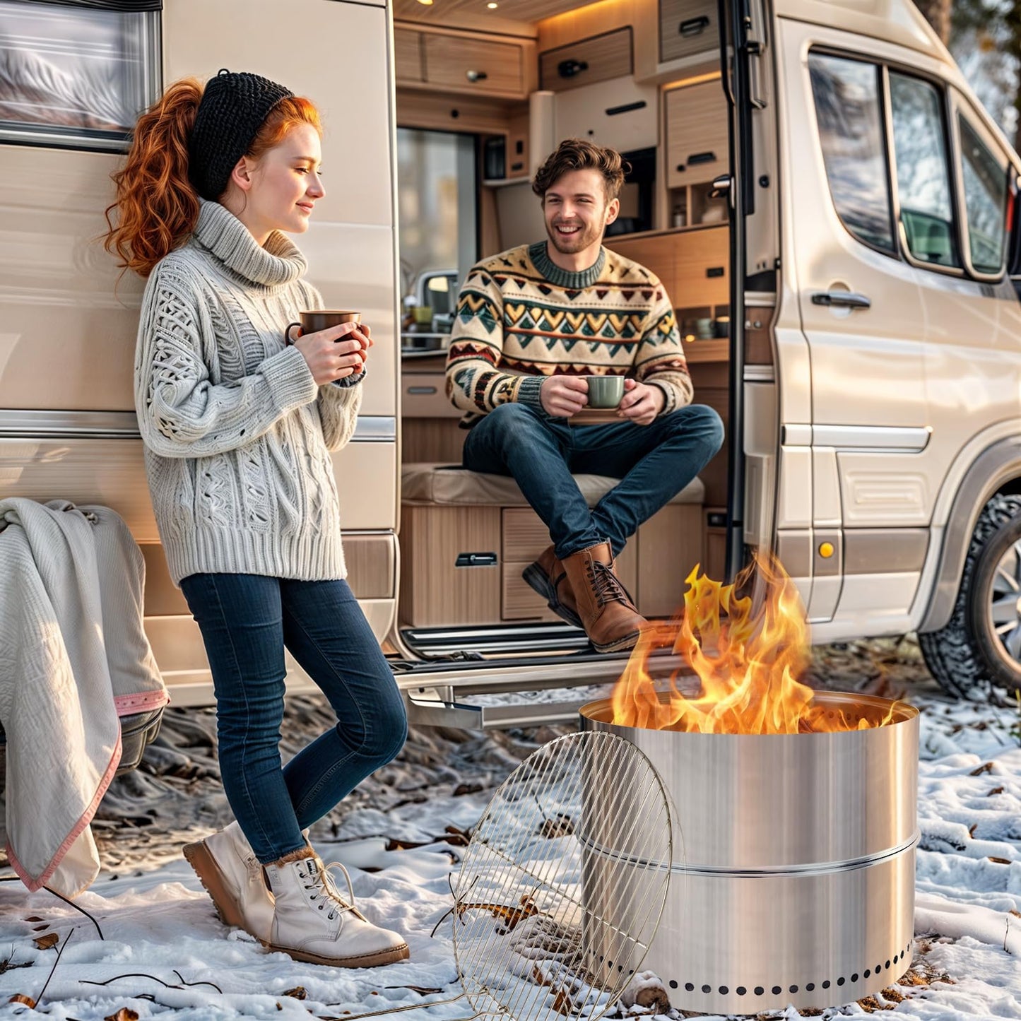 HGD 20 Inch Smokeless Firepit with Grill, Portable Wood Burning Fire Pit for Camping & Backyard, Stainless Steel Outdoor Fireplace with Travel Bag, Easy Setup & Compact Storage - Foldable Design