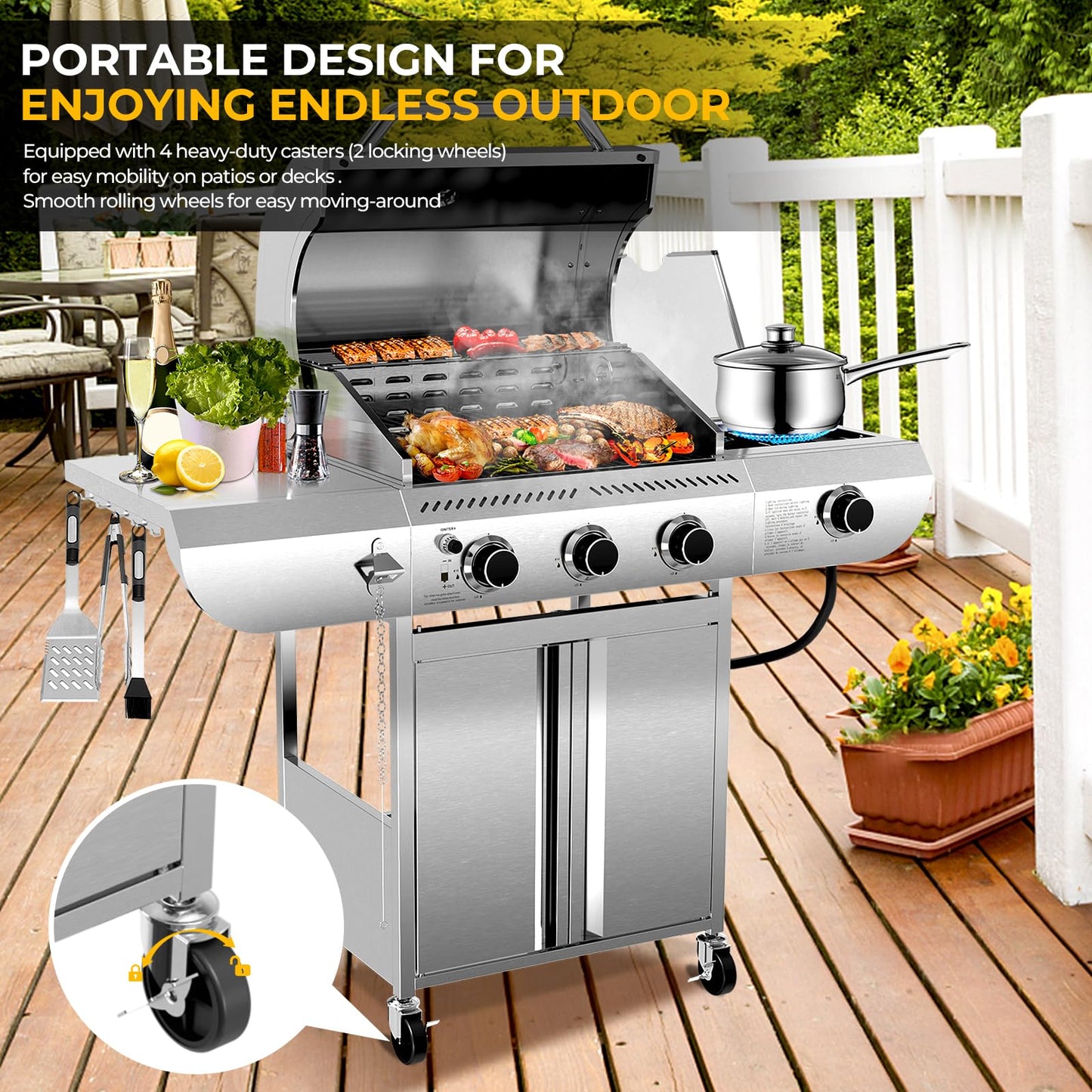 34,000 BTU 3-Burner Propane Gas Grill with Side Burner, All Stainless Steel BBQ Grill, Cast Iron Grates & Portable Cart with Wheels,Outdoor Barbecue Grill for Backyard, Patio, Camping (G31 PRO)