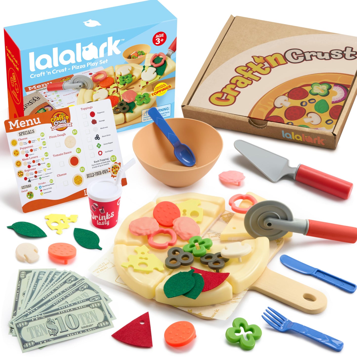 lalalark Play Food Toddler Toy - Pizza Toy with 18 Toppings - Pretend Cutting Food for Kids - Craft 'n Crust - Interactive Check Out - Play Money - Cooking Kitchen Accessories for Boys and Girls