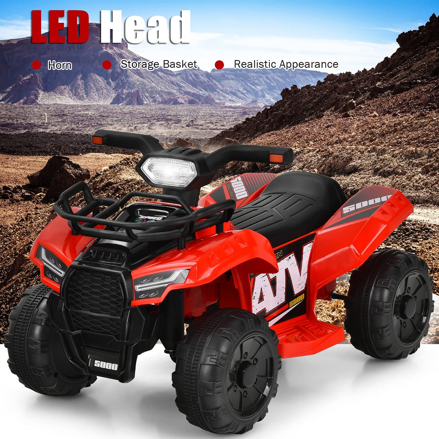 Costzon Kids ATV, 6V Battery Powered Electric Vehicle Four Wheeler Quad w/Storage Basket, Headlight, Horn, Music, MP3 & USB, Toddler 4 Wheeler Ride on Car Toy for Boys Girls 18-36 Months (Red)