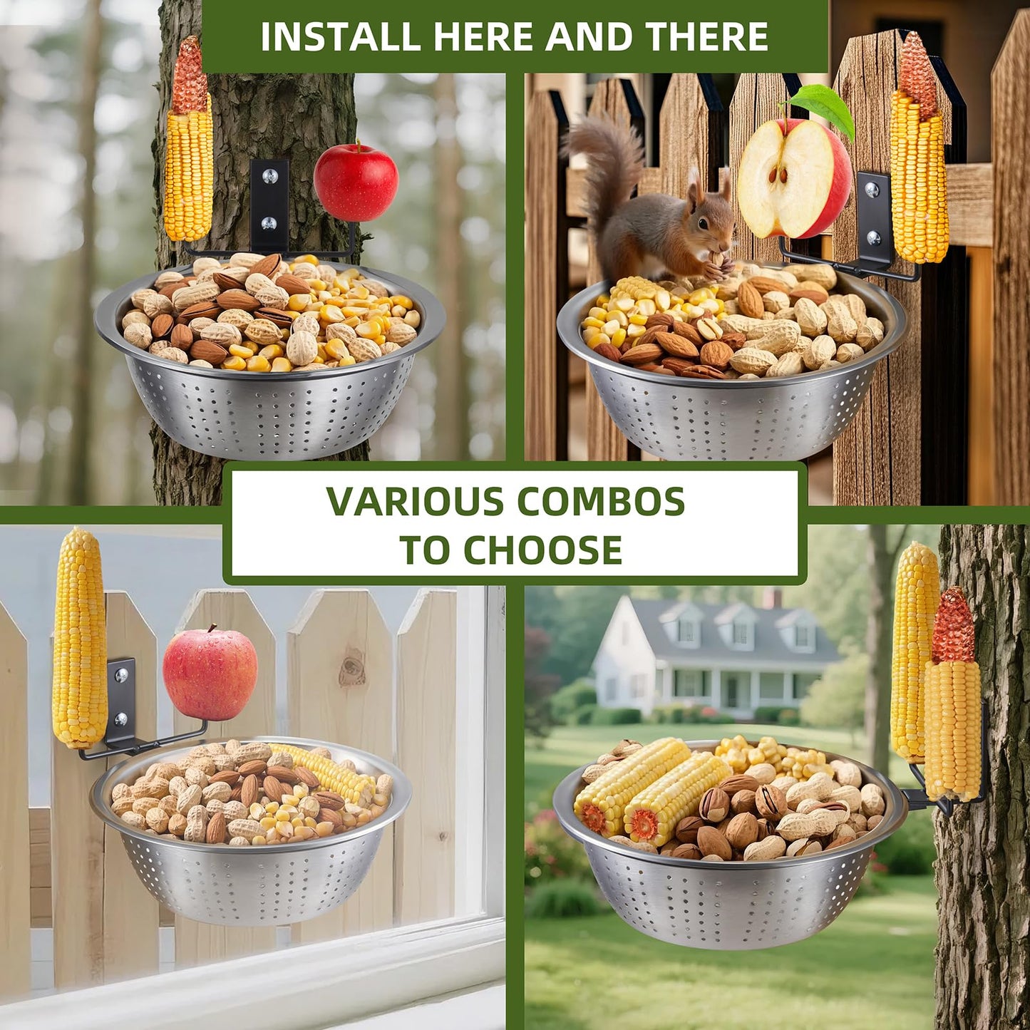 TKMSV 2 Pack Squirrel Feeders Tree/Fence Mounted, 8.5" Removable Colander Bowls (1.4L Each), 2 Corn Cob Spikes for Various Food, Perfect Metal Squirrel Feeders for Outside, Easy to Clean/Refill