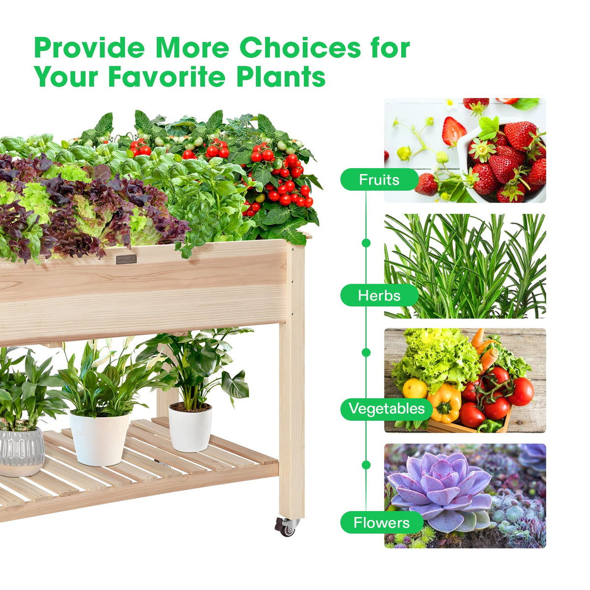 VIVOSUN Elevated Wooden Raised Garden Bed, 46 x 24 x 32 Inches, Mobile Outdoor Planter Box with Storage Shelf and Protective Liner for Outdoor Use, with Lockable Wheels