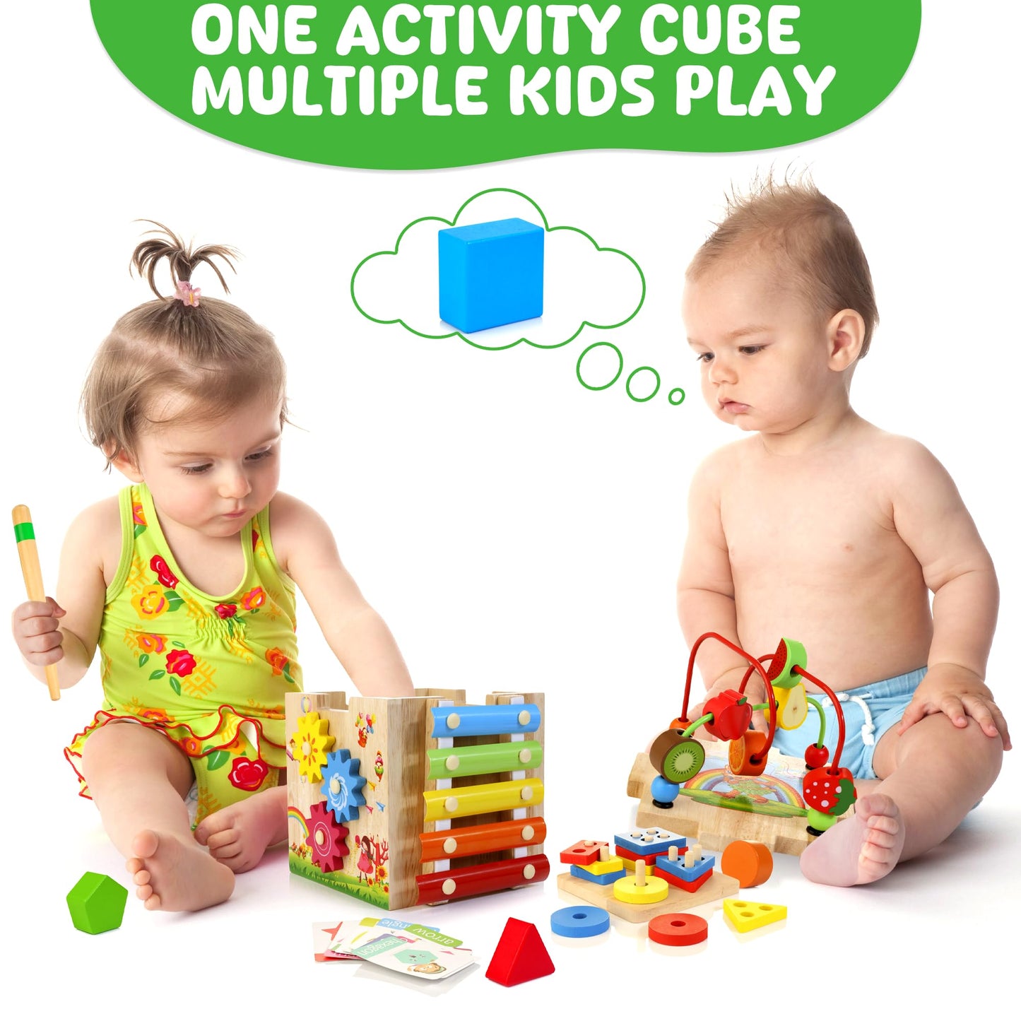 8-in-1 Wooden Baby Activity Cube - Xylophone, Shape Sorter, Abacus| 1st Birthday Gift Toys for One 1 2 3 Year Old Boy Girl | Montessori Educational Learning Toddler Toy| Bonus Sorting & Stacking Board