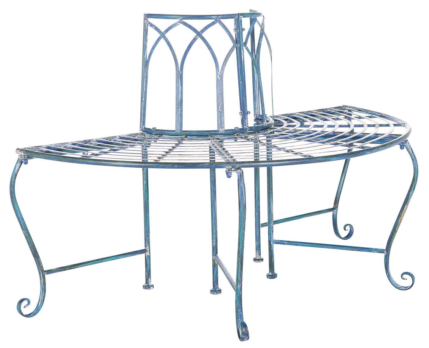 SAFAVIEH Outdoor Furniture Collection – Abia Antique Blue Distressed Wrought Iron 50-Inch Curved Tree Bench, Garden & Patio Seating (PAT5018C)