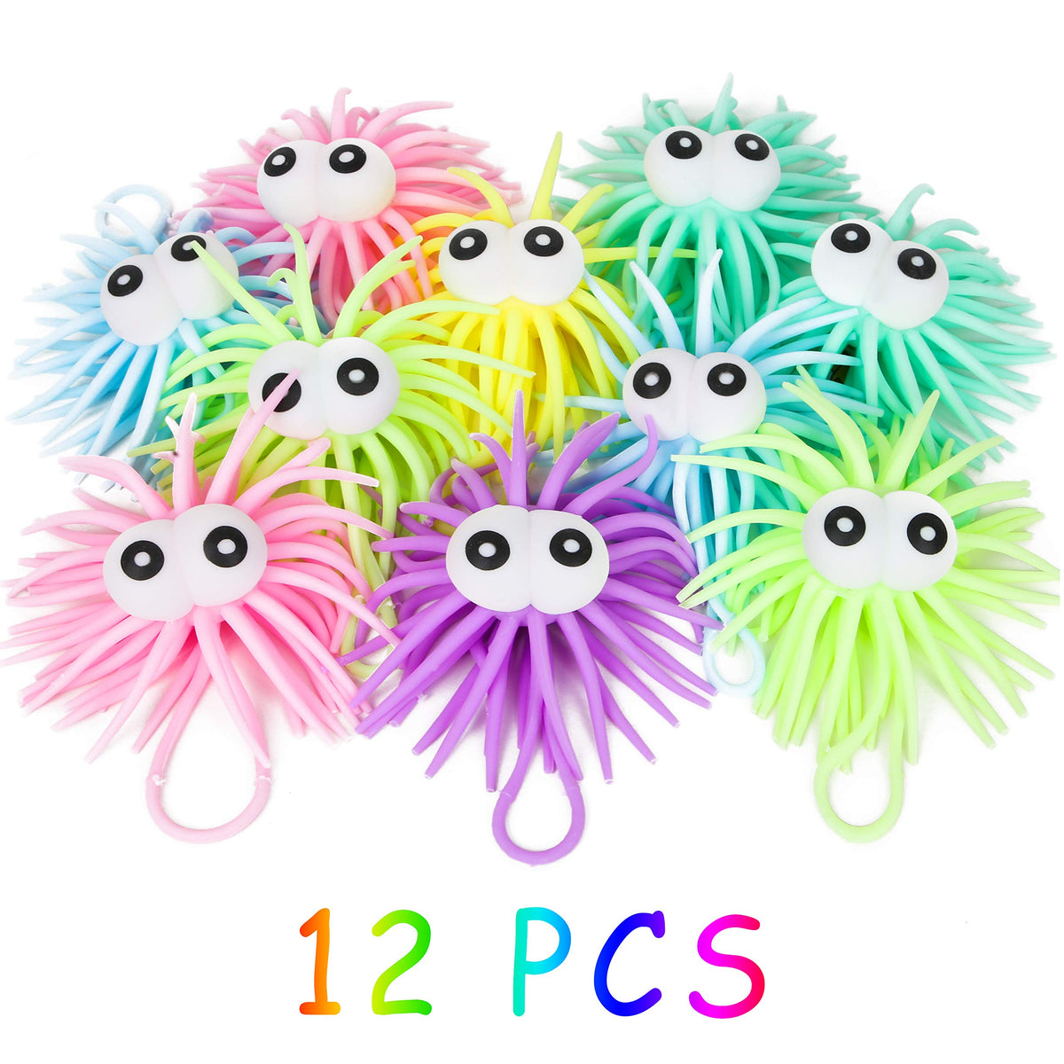 PROLOSO 12 Pcs Stress Relief Sea Urchin Puffer Balls Light Up Spiky Sensory Toy Fidget Balls Glow in the Dark Party Supplies
