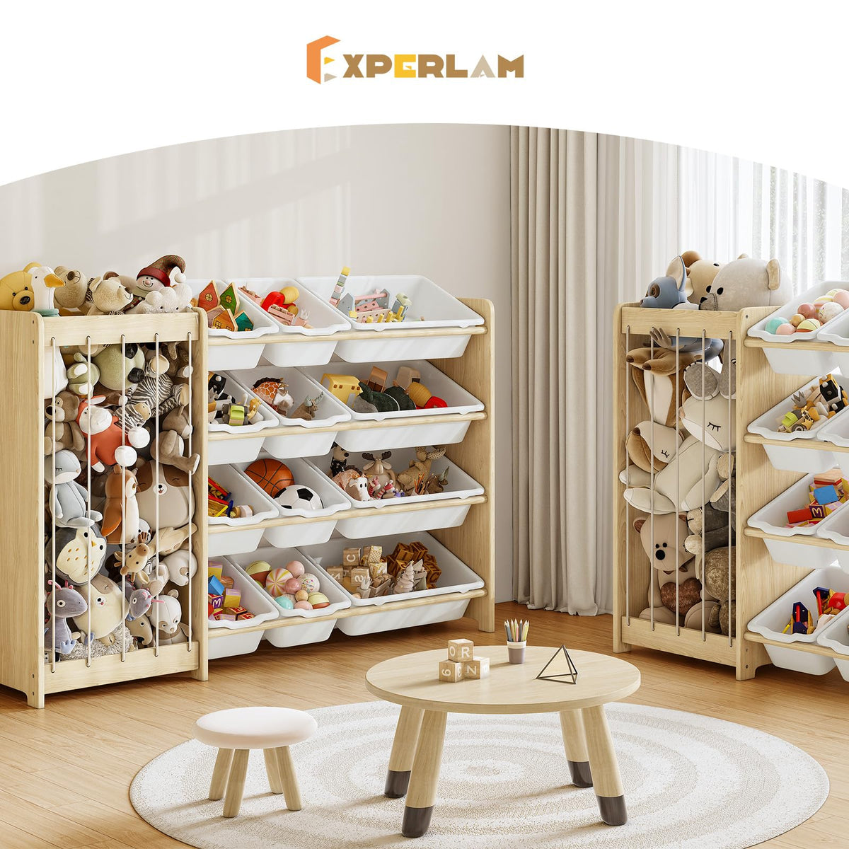 EXPERLAM Kids Toy Storage Organizer, 2-in-1 Stuffed Animal Storage & Toy Organizer w/12 Bins, Solid Wood Toy Rack Featuring Thicker Elastic Ropes to Hold Toys, Playroom Nursery Bedroom Storage, White