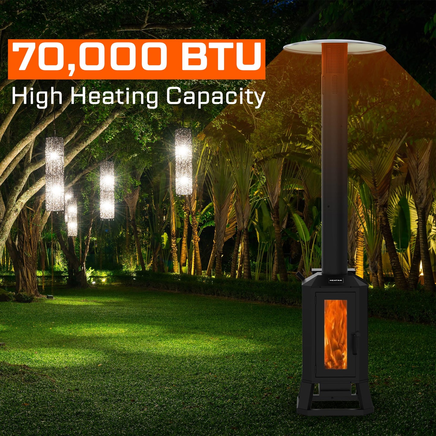 70,000 BTU Wood Pellet Outdoor Patio Heater with Glass Viewing Window – Pellet Heaters for Outdoor Use, Home, Gardens & Commercial - Portable with Wheels – Black