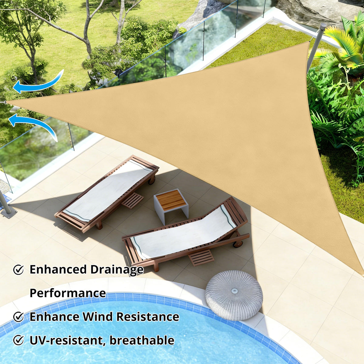 12'x12'x12' Triangle Sun Shade Sail, UV Block Breathable Awnings with Wear Tear Fade Resistant Ropes, Durable Sunshades for Outdoor Patio, Garden, Deck, Yard (Sand)