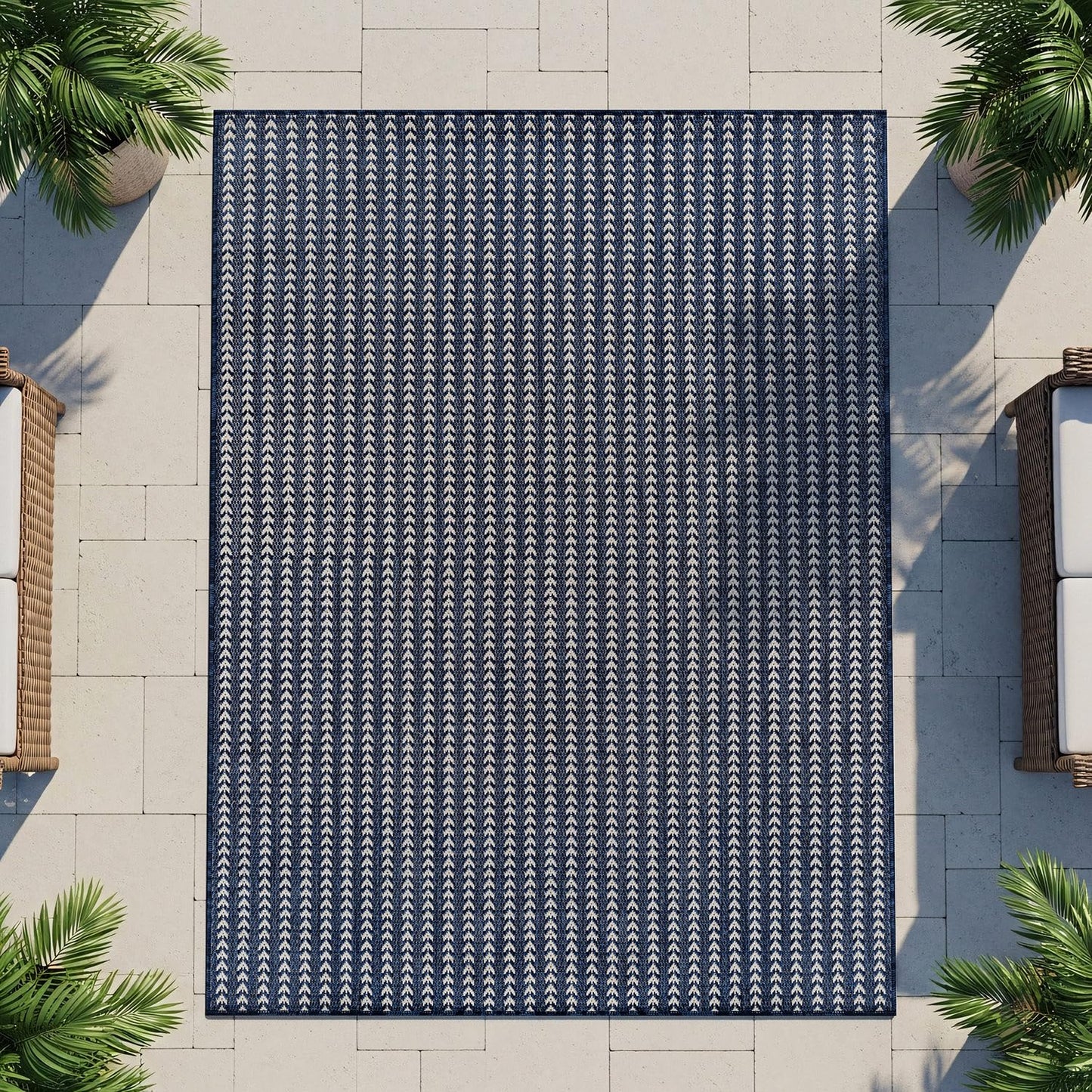 Washable Outdoor Rug 8x10 Modern Area Rugs Outdoor Carpets Striped Pattern Non Shedding Waterproof Easy Clean Patio Deck Porch Living Room Bedroom Garden RV (8 X 10 Navy)