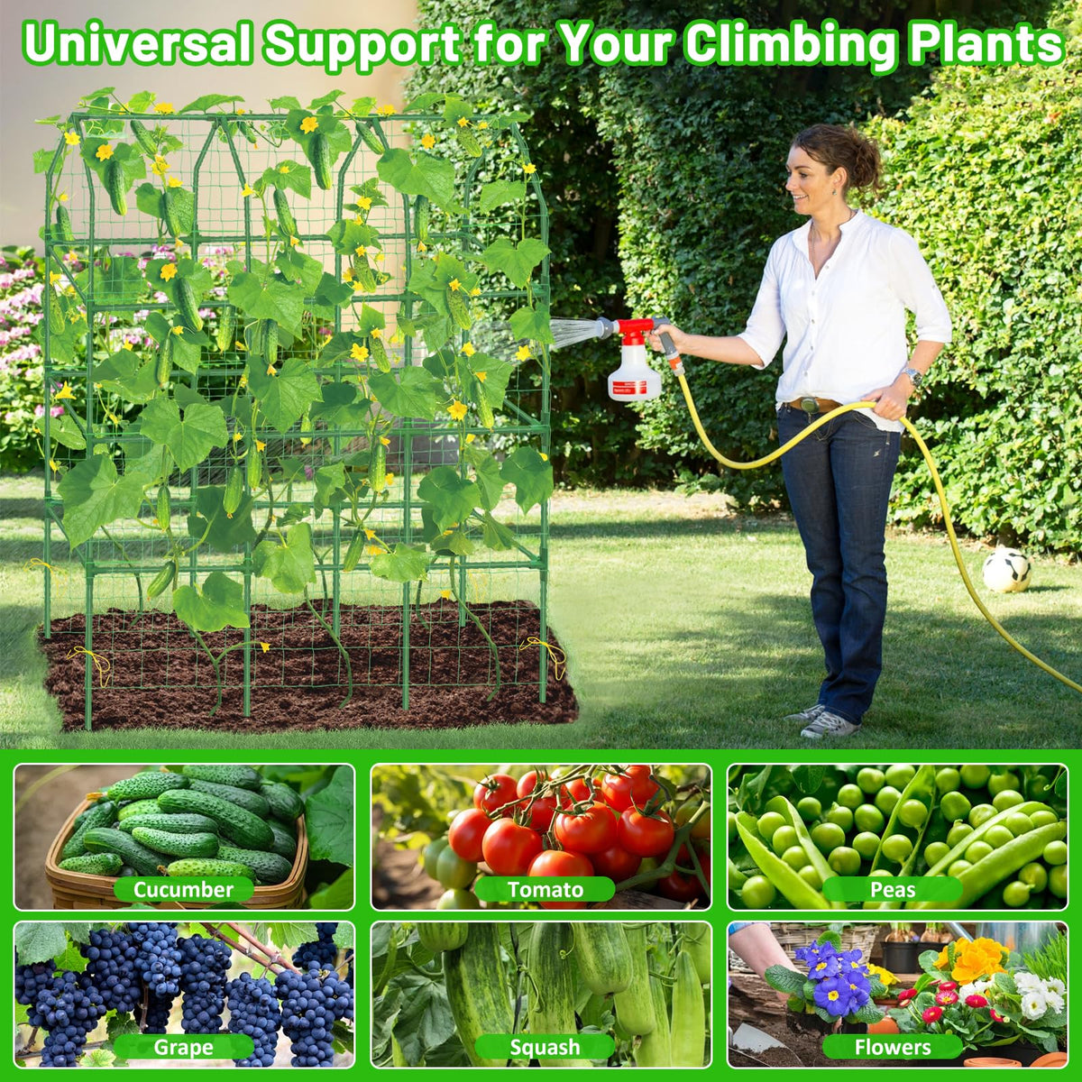 Sunwinx 50x65 Inch Cucumber Trellis for Raised Beds, V-Frame Metal Plant Garden Trellis for Climbing Plants Outdoor with Climbing Netting for Tomato Vegetable Grape Vine Bean Pea Squash