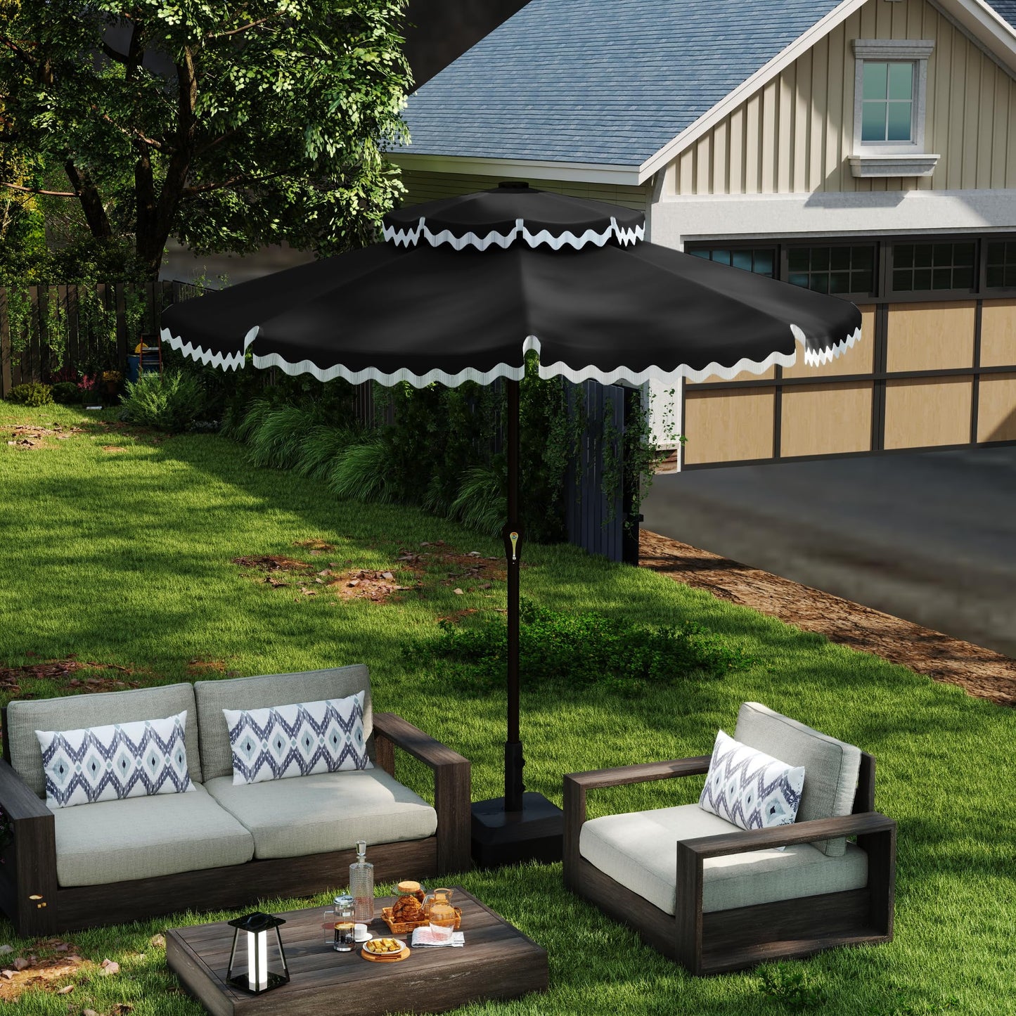 Kingdura 9ft Patio Umbrella with Fringe, Outdoor Table Umbrella with 8 Sturdy Fiberglass Ribs, Push-Button Tilt, Fade Resistant Canopy, UPF 50+, Luxurious Vintage Pool Umbrellas for Lawn, Deck, Balcony