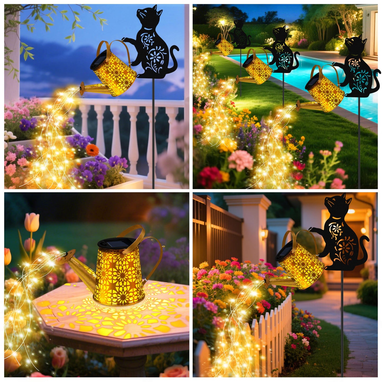Solar Lights Outdoor, 2 Pack Black Cat Solar Watering Can Lights, Birthday Gifts for Women Mom Cat Lover Mother's Day Christmas, Waterproof Hanging Lantern Garden Decor Outside Patio Yard Pathway