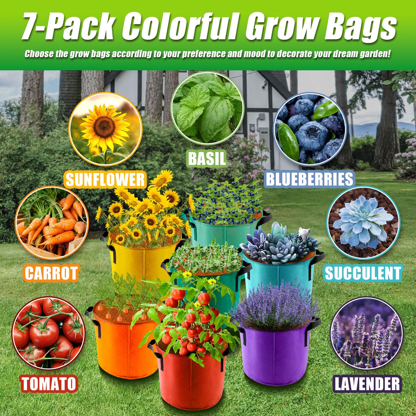 Sinimaka 15 Gallon Grow Bags, 7 Pack Colorful Fabric Plant Pots with Handles for Garden and Outdoor Planting
