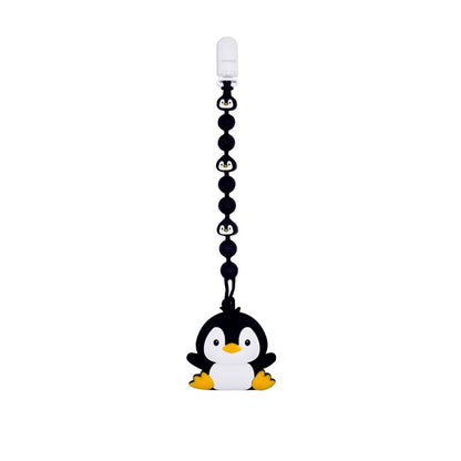 Cute Animal Baby Food Grade Silicone Teether Toy with One Piece Design Pacifier Clip Holder,Teething Pain Relief Toys Gift Set for 3 Months+ Boys and Girls,Freezer Safe,BPA Free (Penguin)