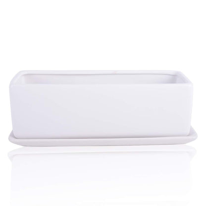 Vencer 12 Inch Rectangular Modern Minimalist Ceramic Succulent Planter Pot - Window Box with Saucer,Office Desktop Potted Stand,White,VF-0135