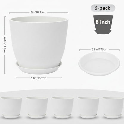 Vanslogreen Plant Pots 8 Inch Set of 6, Flower Pots with Drainage Holes and Saucer, Plastic Garden Planters for Indoor & Outdoor Plants (White)