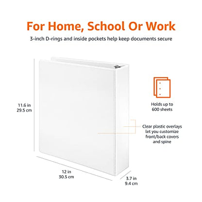 Amazon Basics 3 Ring Binders, 3 Inch D-Ring Organizer for School, Home Office, Paper Storage, White, 2 Pack