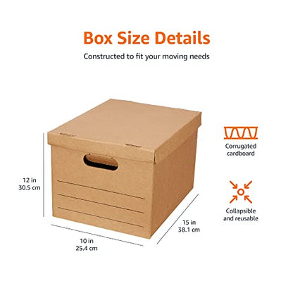 Amazon Basics Moving and Storage Boxes with Handles and Lift-Off Lids, File Storage, Collapsible, 15x10x12 in, Brown, 20-Pack