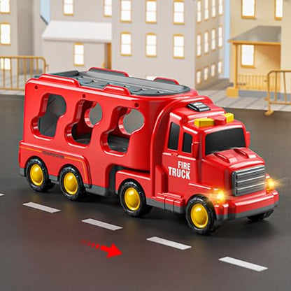 JUKUDAHU Truck Toys for 3 4 5 6 Years Old Boys, Toddler Car Toys for Toddler Boys Ages 3-5, Fire Toys Car Carrier Vehicle Toy Set, Kids Toys Truck Set for Age 3-9