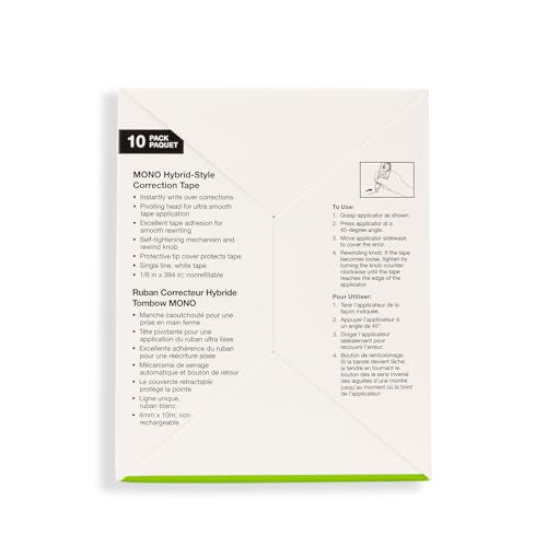 Tombow 68721 MONO Hybrid Correction Tape, 10-Pack. Easy To Use Applicator for Instant Corrections