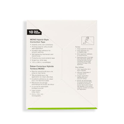 Tombow 68721 MONO Hybrid Correction Tape, 10-Pack. Easy To Use Applicator for Instant Corrections