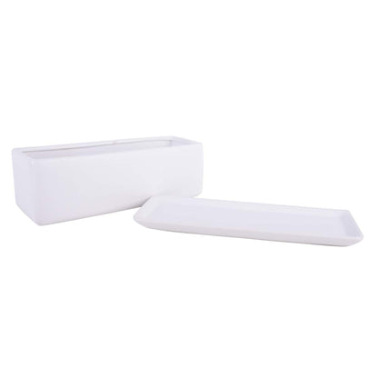 Vencer 12 Inch Rectangular Modern Minimalist Ceramic Succulent Planter Pot - Window Box with Saucer,Office Desktop Potted Stand,White,VF-0135