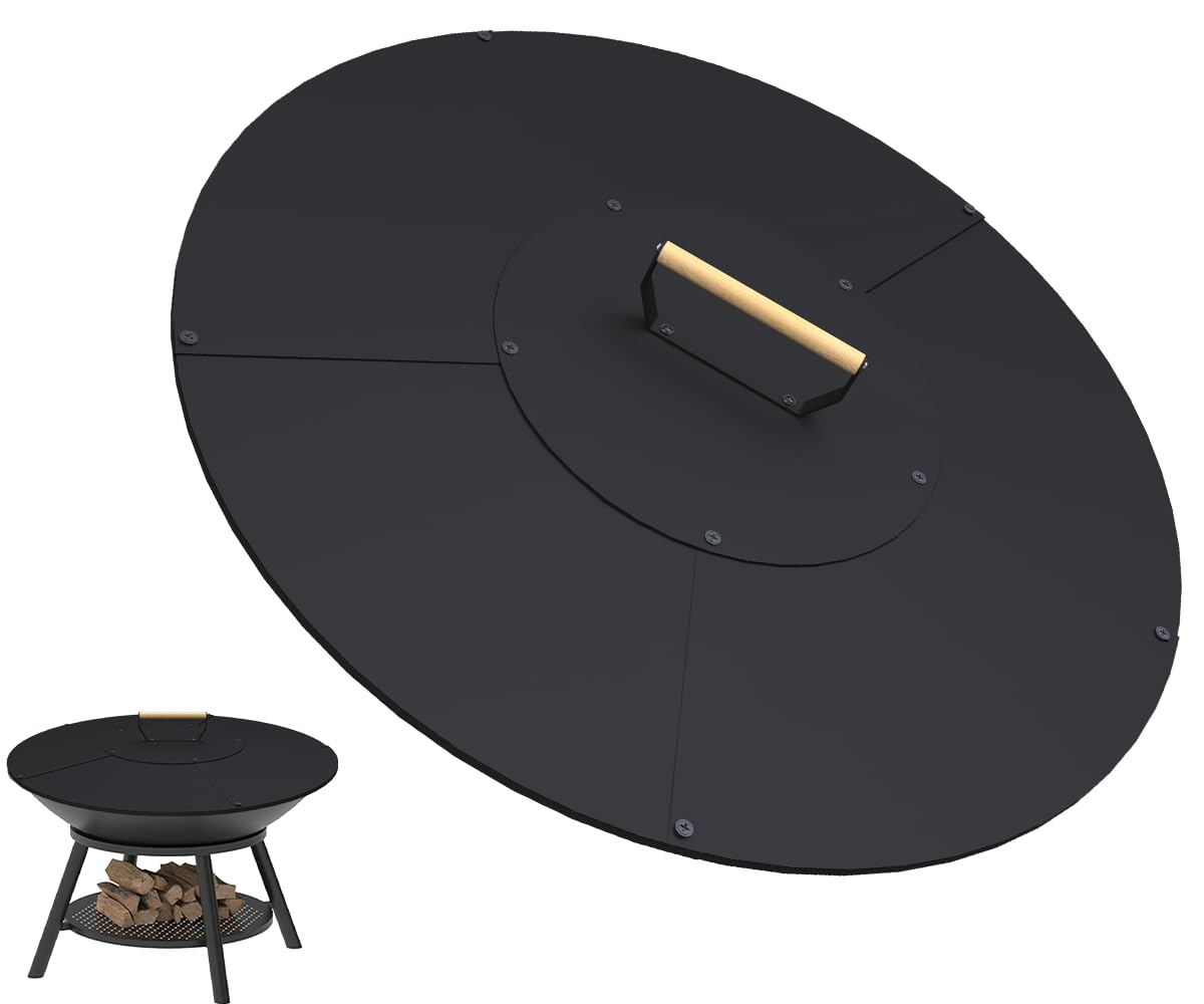Ardier 28" Wooden-Handle Fire Pit Lid for Pits up to 26", Round Metal Bonfire Pit Burner Pan Cover, Smokeless Fire Pit Cover for Fire Tables, All-Weather Resistance Outdoor Firepit Accessory