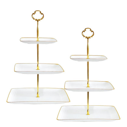 2 Pack RAUVOLFIA Plastic 3 Tier Cupcake Stand with Gold Rim, Plastic Tiered Serving Stand, Dessert Tower Tray for Tea Party, Baby Shower and Wedding, Square