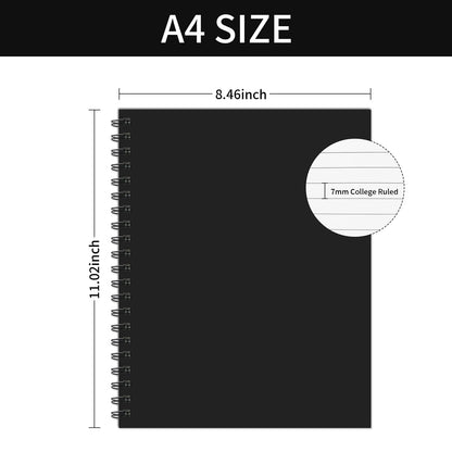 Ouzoustate Lined Spiral Notebook A4 Large Black Journal 8.5" x 11"-4 Pack 7mm College Ruled Hardcover Notebooks 160 Pages 100GSM Thick Paper for Note Taking School Office Supplies