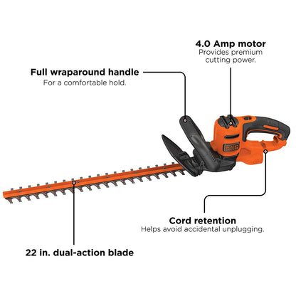 BLACK+DECKER 22" Electric Hedge Trimmer, Lightweight 4.0 Amp Corded Dual Action Shrub Trimmer, Full Wraparound Handle, High Output Low Vibration (BEHT350FF)