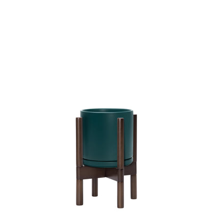 D'vine Dev Ceramic Planter with Walnut Color Stand - 8 Inch Modern Round Flower Pot with Wood Planter Holder, Teal, 55-B-Y-4