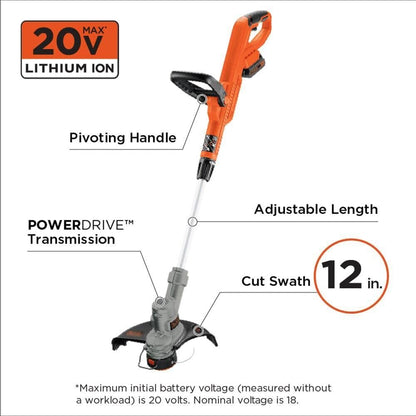BLACK+DECKER 20V MAX String Trimmer and Edger 2 in 1, Cordless Weed Wacker with Auto Spool Feed, Battery and Charger Included, 12 Inch Steel Deck, Reduced Vibration (LST300)
