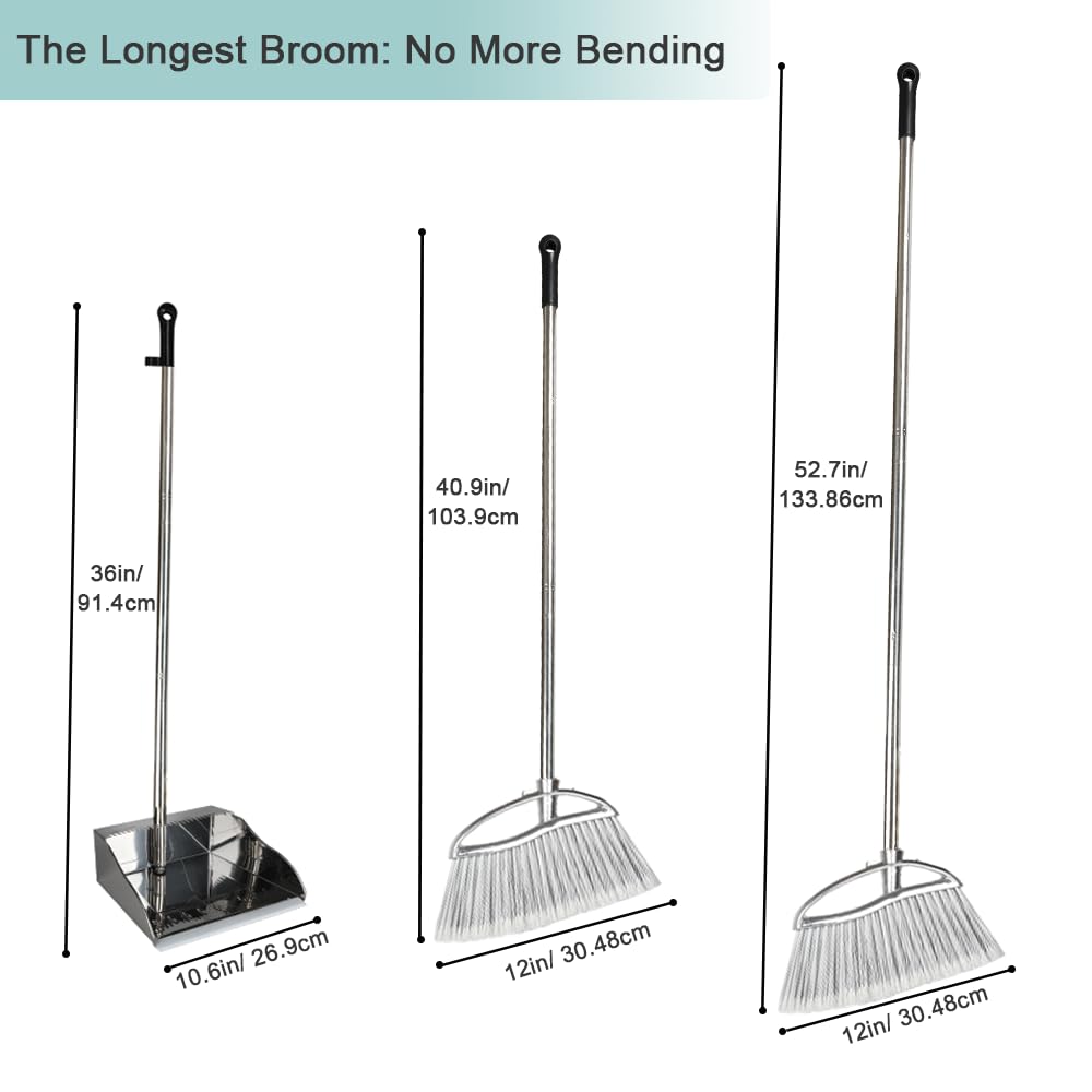 Metal Dustpan and Heavy Duty Broom Set, Stand Up Dustpan with Outdoor Stiff Bristles Broom for Hardwood Patio Room Office Floor Sweeping