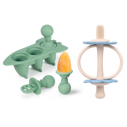 haakaa Silicone Baby Teether Toys&Ice Pop Mould Set-Nipple-Shaped End for Gum Massage,360° Baby Toothbrush Head for Self-Brushing Training- Mini Silicone Breastmilk Popsicle Molds with Sticks