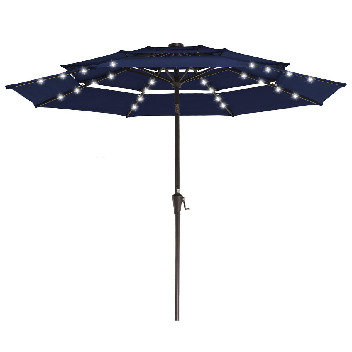 JEAREY 3 Tiers Patio Umbrella with Solar Lights 9ft Outdoor Market Table Umbrellas with Push Button Tilt for Outside Pool Garden, Navy Blue