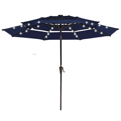 JEAREY 3 Tiers Patio Umbrella with Solar Lights 9ft Outdoor Market Table Umbrellas with Push Button Tilt for Outside Pool Garden, Navy Blue