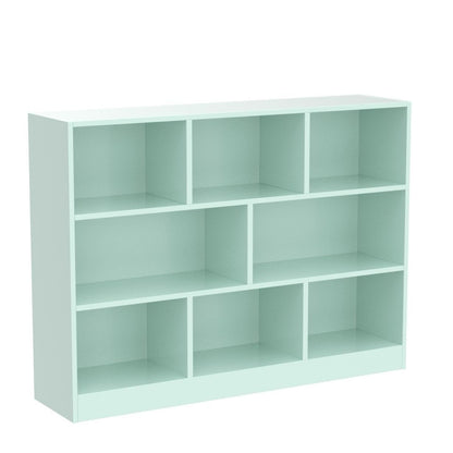 IOTXY Open Shelf Low Bookcase - Wooden 3-Tier Floor Standing Display Cabinet Organizer with Base, 8 Cubes Short Horizontal Bookshelf in Tiffany-Green