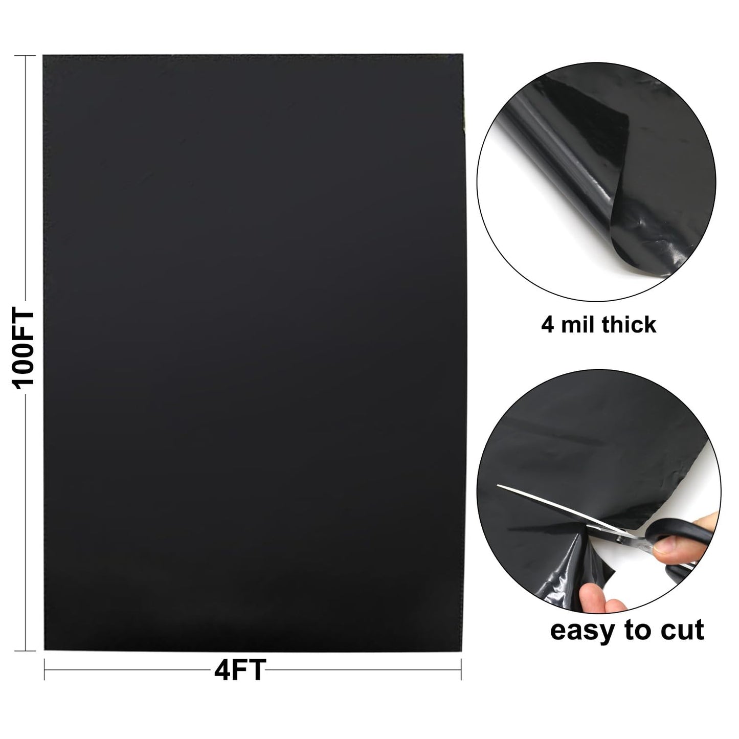 Feitore 4 Mil Black Plastic Sheeting 4 FT x 100 FT Plastic Weed Barrier Landscape Fabric Heavy Duty Roll for Garden Multi Use Polyethylene Sheeting