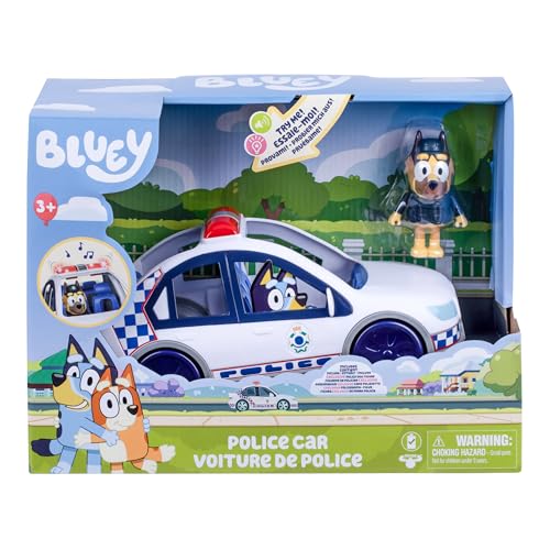 Bluey Police Car Toy, Vehicle from The Special Episode The Sign. Includes Toy Police Car with Flashing Lights & Sounds, Policeman Figure, and Themed Sticker Set. Batteries Included.