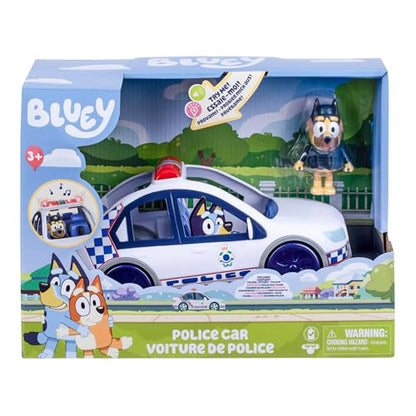 Bluey Police Car Toy, Vehicle from The Special Episode The Sign. Includes Toy Police Car with Flashing Lights & Sounds, Policeman Figure, and Themed Sticker Set. Batteries Included.